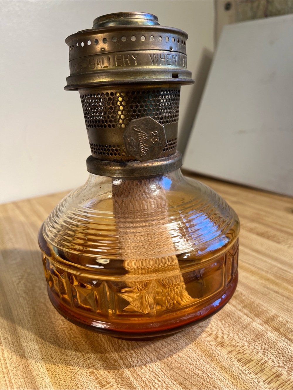 Vintage Antique Amber Cut Glass Diamond Squares Aladdin Oil Lamp, Burner